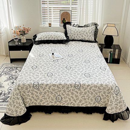 艾橙家纺2025新款法式赫本风水洗棉印花雪纺花边单床盖 澜音花香