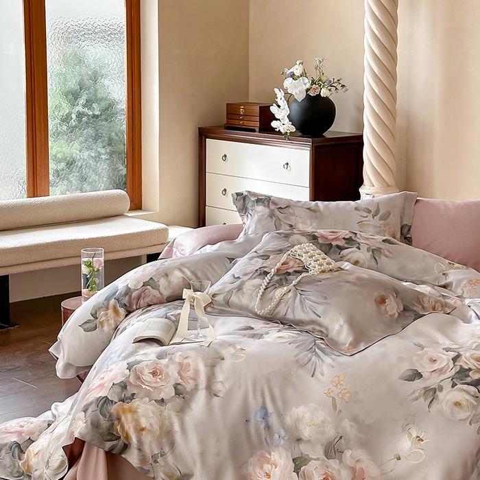 91家纺网 家纺一手货源 找家纺 2025新款60S奥地利兰精天丝数码印花宽边压线系列四件套 倾城-豆沙