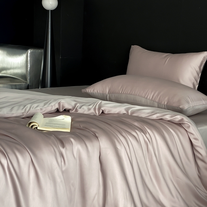 91家纺网 家纺一手货源 找家纺 禾时 2025新款60支兰精天丝轻奢纯色双拼四件套 夜影凝香-霜华银