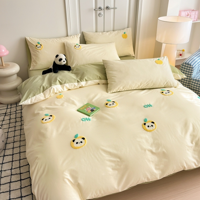 91家纺网 家纺一手货源 找家纺 锦觅2025新款奶油小清新毛巾绣全棉纯棉四件套（专版花型必须控价） 苹果熊猫