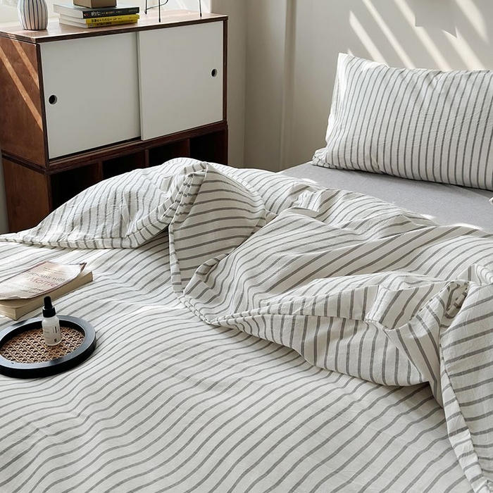 91家纺网 家纺一手货源 找家纺 水洗的故事 2025新款全棉色织水洗棉四件套 简序-灰