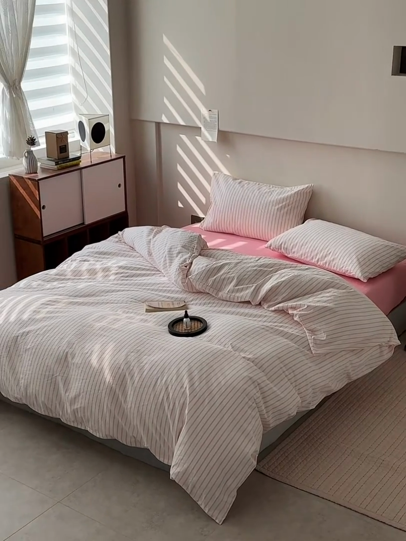 91家纺网 家纺一手货源 找家纺 水洗的故事 2025新款全棉色织水洗棉四件套 简序-粉