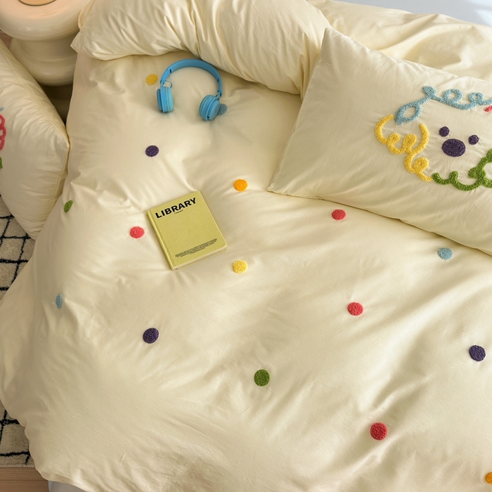 91家纺网 家纺一手货源 找家纺 锦觅2025新款奶油小清新毛巾绣全棉纯棉四件套（专版花型必须控价） 彩虹波点