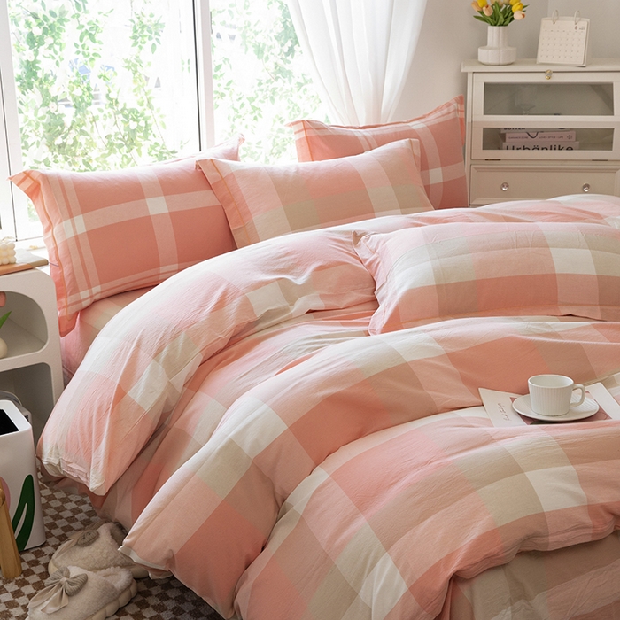 91家纺网 家纺一手货源 找家纺 木易家居 2025新款全棉色织水洗棉四件套 米夕玉大格