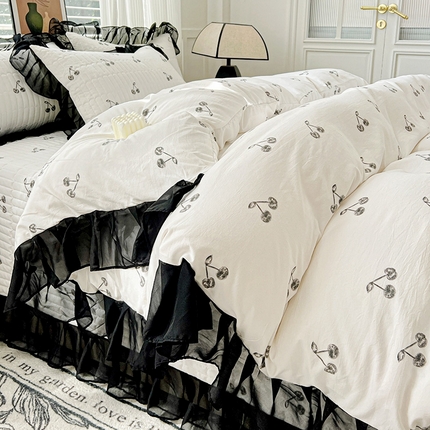 艾橙 2025新款法式赫本风水洗棉印花雪纺花边单被套 美味樱桃