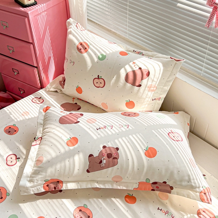 91家纺网 家纺一手货源 找家纺 KT猫直营店 2025新款加厚斜纹磨毛大版四件套 南瓜卡皮巴拉