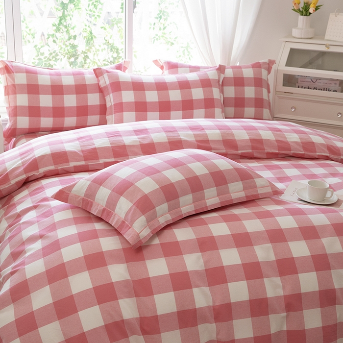 91家纺网 家纺一手货源 找家纺 木易家居 2025新款全棉色织水洗棉四件套 桃红中格