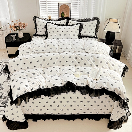 艾橙家纺2025新款法式赫本风水洗棉印花雪纺花边四件套 黑色蝴蝶结