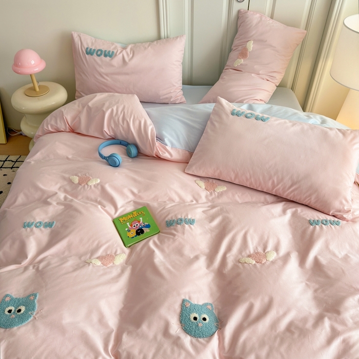 91家纺网 家纺一手货源 找家纺 锦觅2025新款奶油小清新毛巾绣全棉纯棉四件套（专版花型必须控价） 甜心小猫