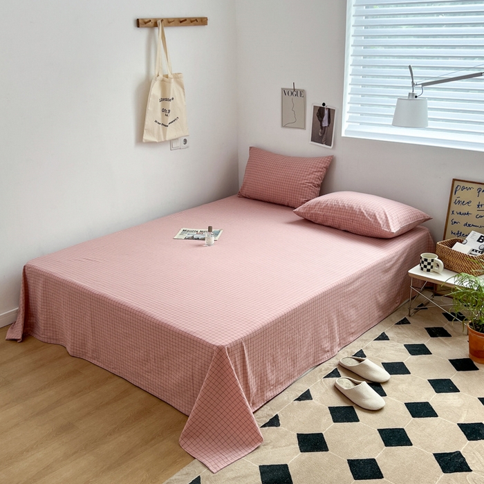 91家纺网 家纺一手货源 找家纺 2025新款水洗棉单床单 粉小方格