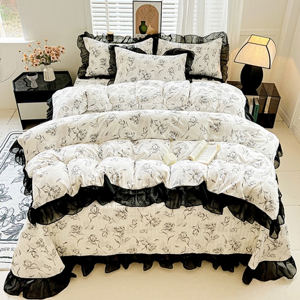 91家纺网 家纺一手货源 找家纺 （总）艾橙家纺2025新款法式赫本风水洗棉印花雪纺花边四件套