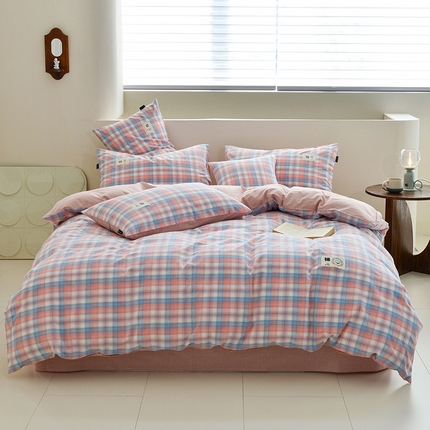 91家纺网 家纺一手货源 找家纺 丞音2025新款色织水洗全棉格子公寓宿舍四件套 格子-粉色