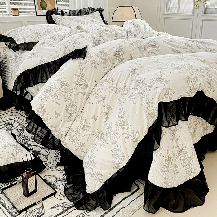 91家纺网 家纺一手货源 找家纺 艾橙 2025新款法式赫本风水洗棉印花雪纺花边单被套 素馨花恋