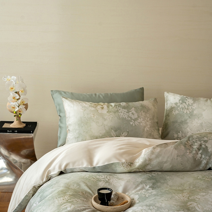 91家纺网 家纺一手货源 找家纺 咏绒家纺工厂店 2025新款60S奥地利兰精天丝数码印花暗合简约款系列四件套 知槿-绿