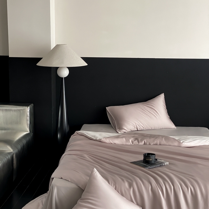 91家纺网 家纺一手货源 找家纺 禾时 2025新款60支兰精天丝轻奢纯色双拼四件套 夜影凝香-霜华银