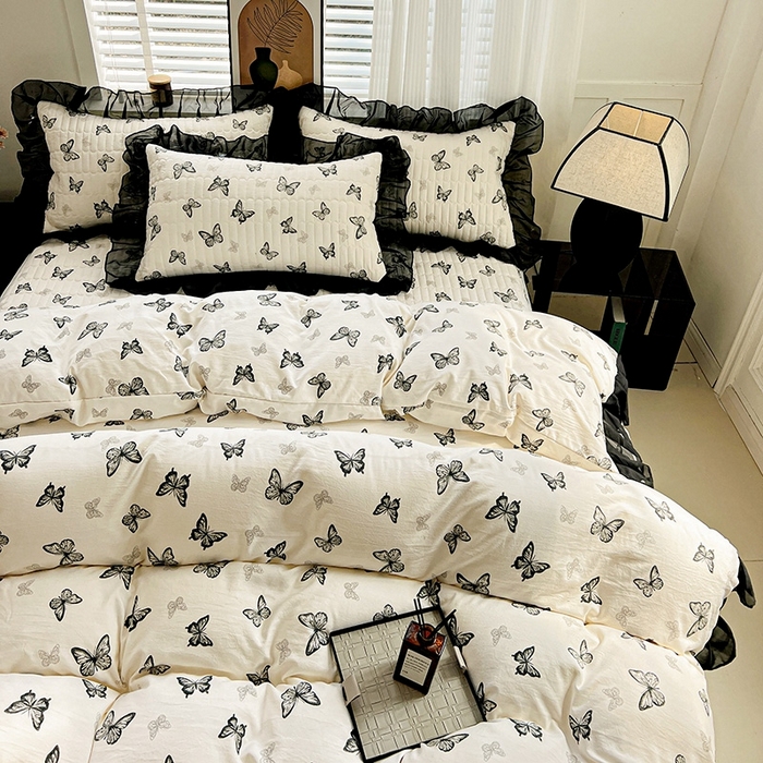 91家纺网 家纺一手货源 找家纺 （总）艾橙家纺2025新款法式赫本风水洗棉印花雪纺花边单床笠