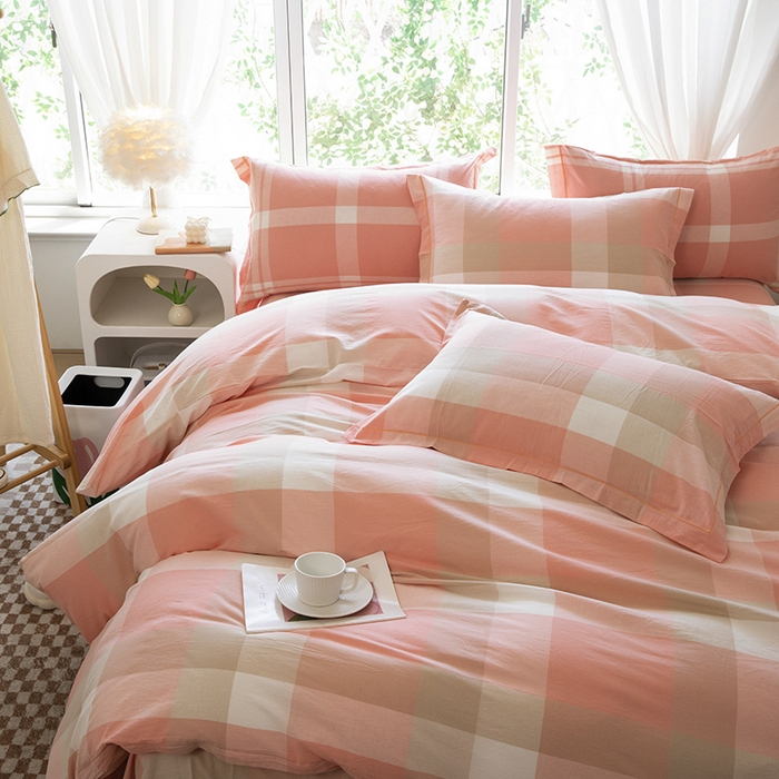 91家纺网 家纺一手货源 找家纺 木易家居 2025新款全棉色织水洗棉四件套 米夕玉大格