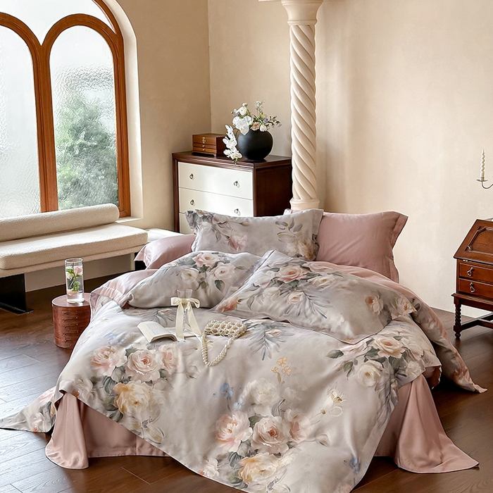 91家纺网 家纺一手货源 找家纺 2025新款60S奥地利兰精天丝数码印花宽边压线系列四件套 倾城-豆沙