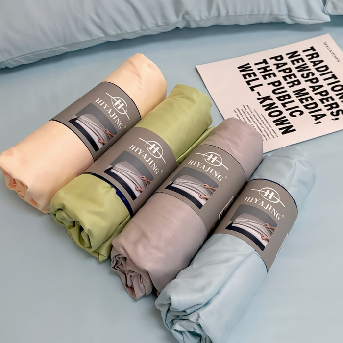 91家纺网 家纺一手货源 找家纺 兜米家居 2025新款床笠A类水洗真丝床笠三件套 冰蓝