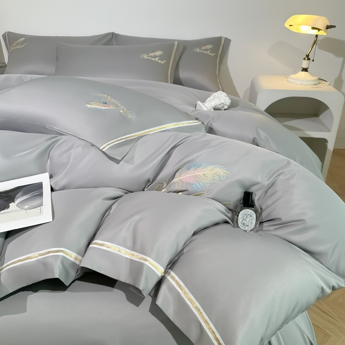 91家纺网 家纺一手货源 找家纺 （总）2025新款水洗冰丝刺绣四件套羽毛系列轻奢时尚北欧风床上用品学生宿舍三四件套