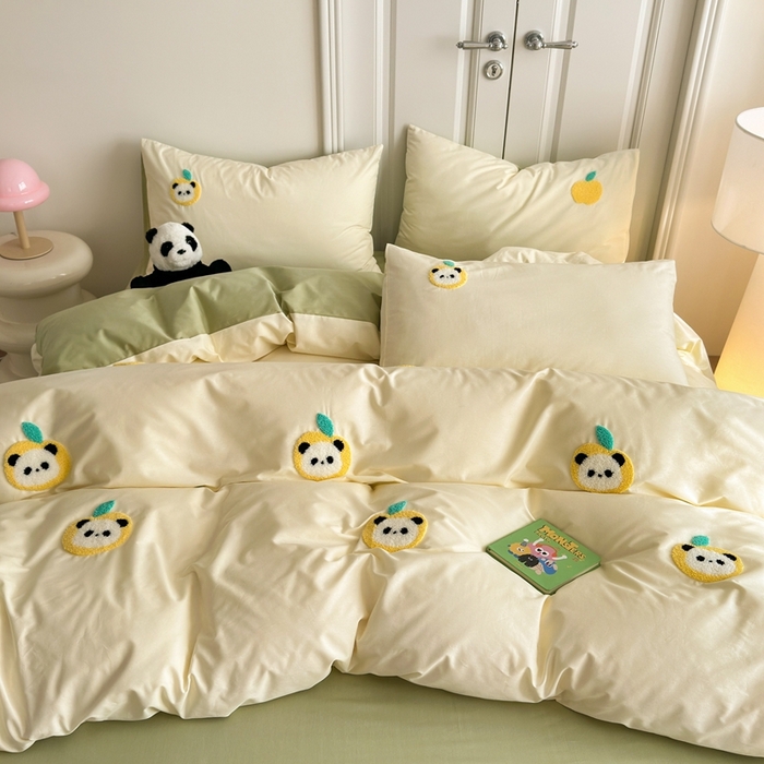 91家纺网 家纺一手货源 找家纺 锦觅2025新款奶油小清新毛巾绣全棉纯棉四件套（专版花型必须控价） 苹果熊猫