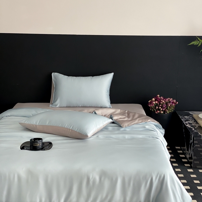 91家纺网 家纺一手货源 找家纺  禾时 2025新款60支兰精天丝轻奢纯色双拼四件套 映霜蓝-霜华银