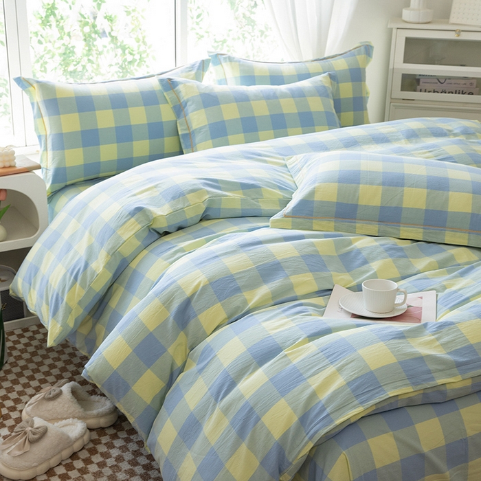 91家纺网 家纺一手货源 找家纺 木易家居 2025新款全棉色织水洗棉四件套 兰黄大格