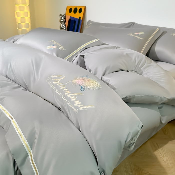 91家纺网 家纺一手货源 找家纺 （总）2025新款水洗冰丝刺绣四件套羽毛系列轻奢时尚北欧风床上用品学生宿舍三四件套