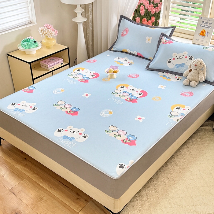 91家纺网 家纺一手货源 找家纺 518家纺 2025新款亲肤舒适A类碳光冰丝抗菌凉席【提供买家秀】席子【提供买家秀】-平铺款 花朵小熊