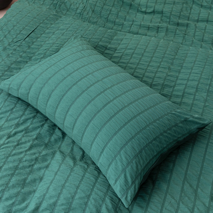 91家纺网 家纺一手货源 找家纺 恩和家纺 2025新款条纹立体泡泡纱亲肤棉四件套 墨绿