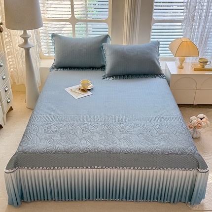优家居 2025新款A类轻奢PE真凉感冰丝席床裙夏季冰豆豆凉席三件套可机洗水洗空调软席 PE-椰树蓝