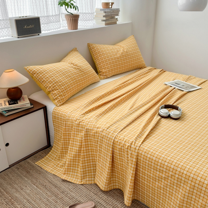 91家纺网 家纺一手货源 找家纺 2025新款水洗棉单床单 简约格黄