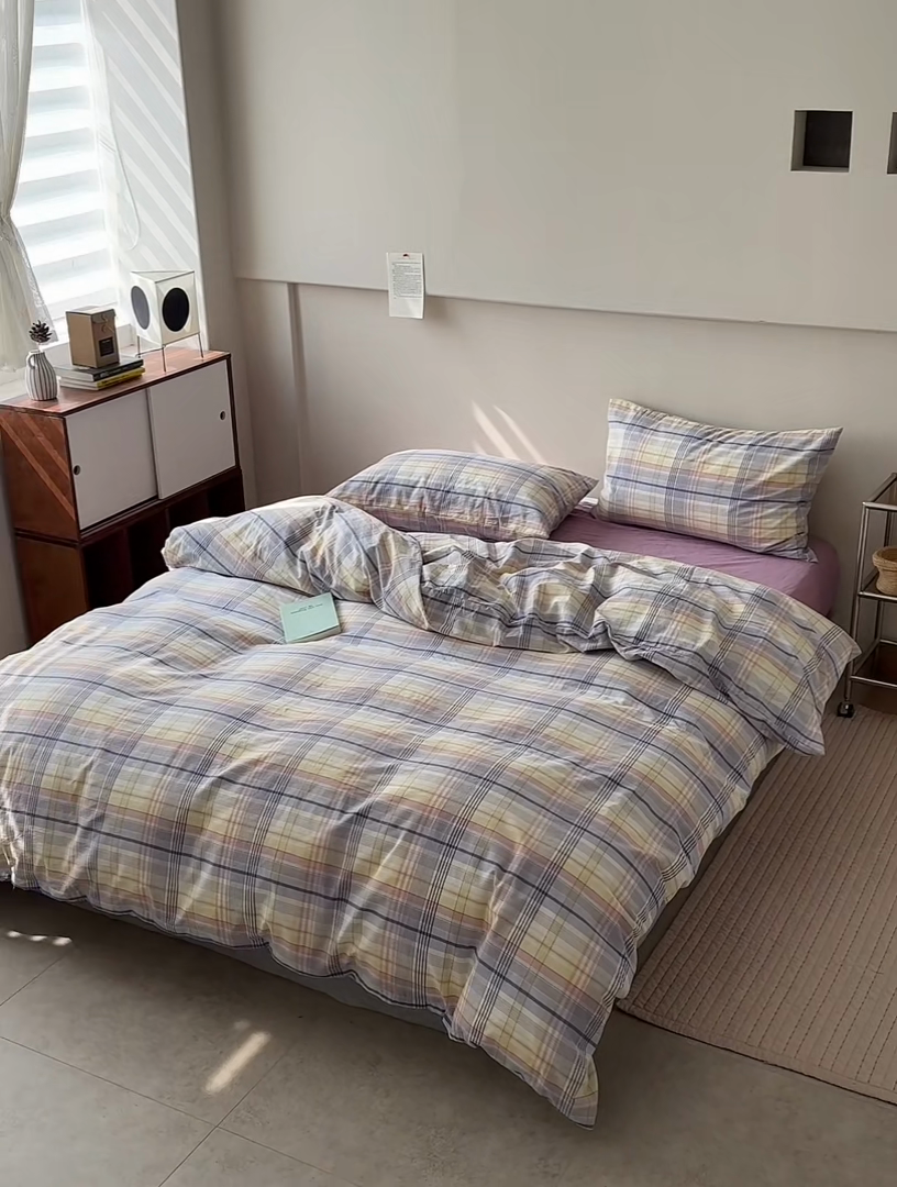 91家纺网 家纺一手货源 找家纺 水洗的故事 2025新款全棉色织水洗棉四件套 紫韵粉格