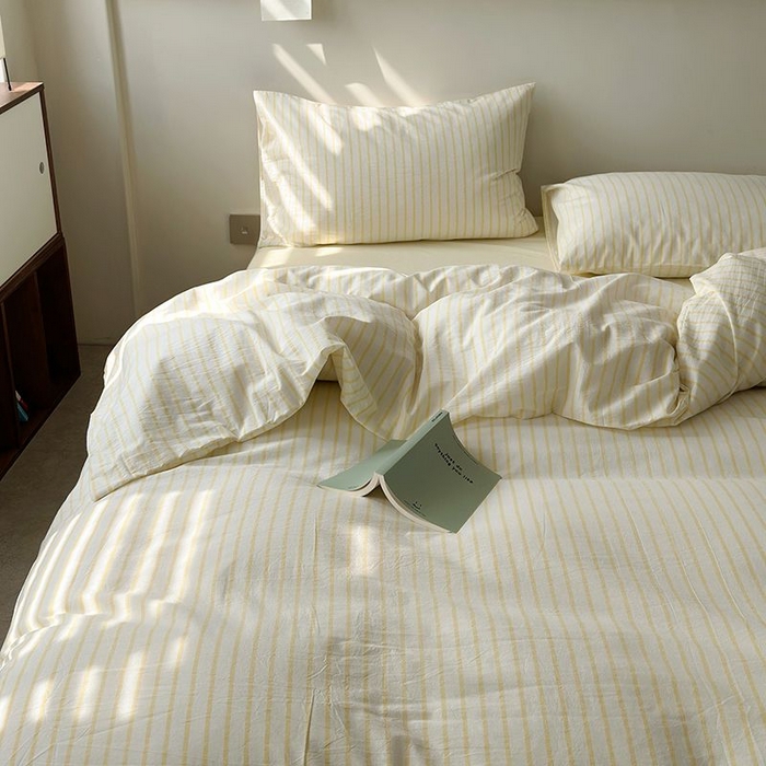 91家纺网 家纺一手货源 找家纺 水洗的故事 2025新款全棉色织水洗棉四件套 简序-米黄