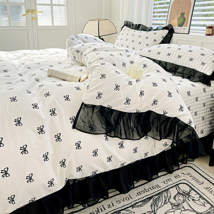 91家纺网 家纺一手货源 找家纺 艾橙 2025新款法式赫本风水洗棉印花雪纺花边单被套 黑色蝴蝶结
