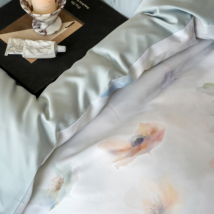 91家纺网 家纺一手货源 找家纺 咏绒家纺工厂店 2025新款60S奥地利兰精天丝数码印花暗合简约款系列四件套 夏芷-淡蓝