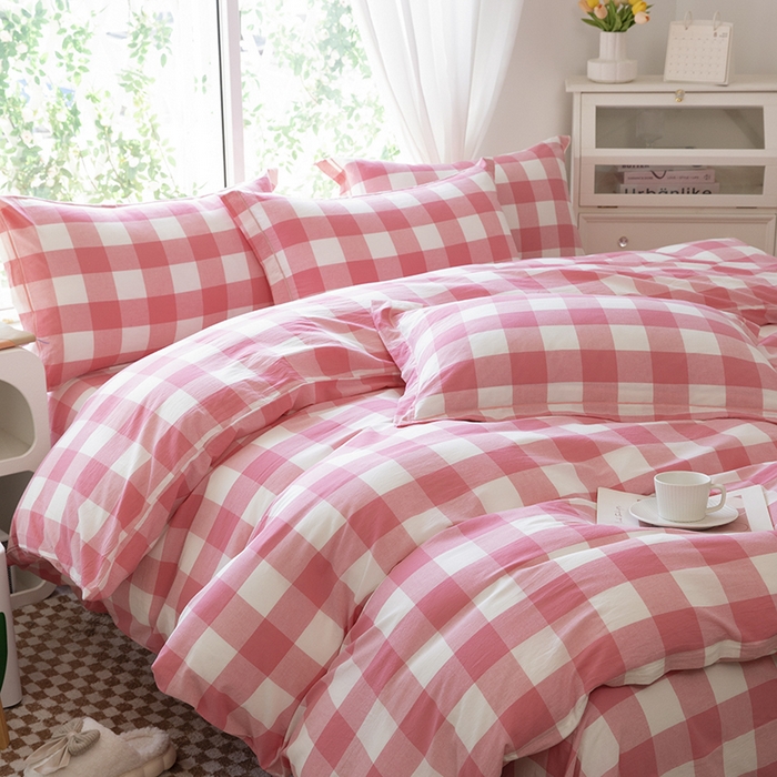 91家纺网 家纺一手货源 找家纺 木易家居 2025新款全棉色织水洗棉四件套 桃红中格