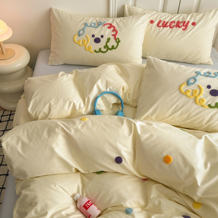 91家纺网 家纺一手货源 找家纺 锦觅2025新款奶油小清新毛巾绣全棉纯棉四件套（专版花型必须控价） 彩虹波点