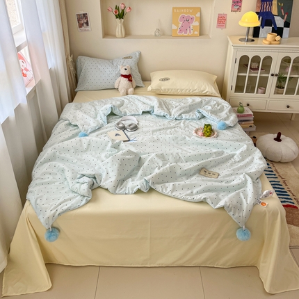（总）桃心家居 2025新款A类ins云柔水洗棉大豆织标蝴蝶结毛球少女单夏被夏被四件套系列