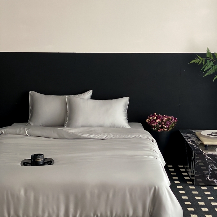 91家纺网 家纺一手货源 找家纺 禾时 2025新款60支兰精天丝轻奢纯色双拼四件套 云纱灰