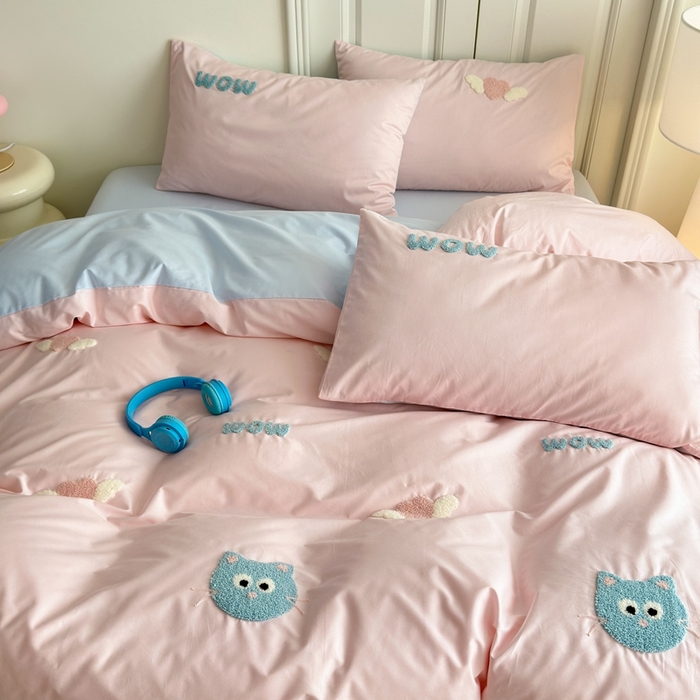 91家纺网 家纺一手货源 找家纺 锦觅2025新款奶油小清新毛巾绣全棉纯棉四件套（专版花型必须控价） 甜心小猫