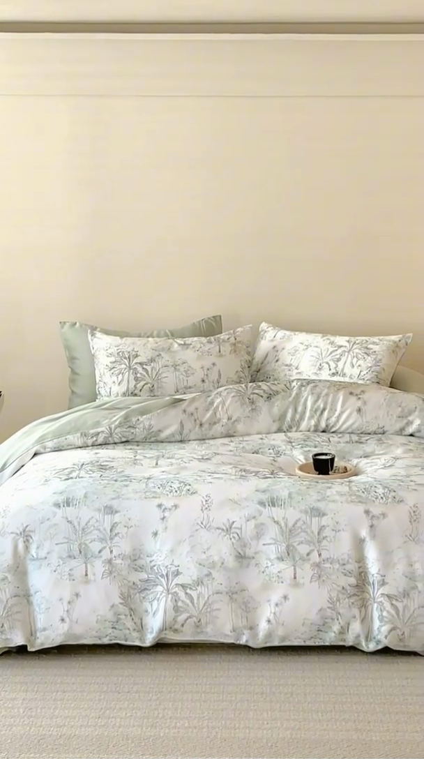 91家纺网 家纺一手货源 找家纺 咏绒家纺工厂店 2025新款60S奥地利兰精天丝数码印花暗合简约款系列四件套 丛林幻想-绿