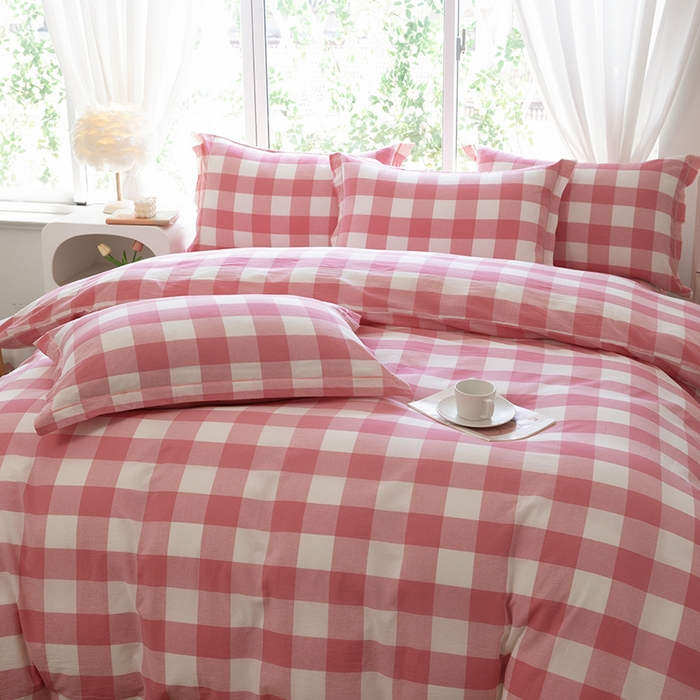 91家纺网 家纺一手货源 找家纺 木易家居 2025新款全棉色织水洗棉四件套 桃红中格