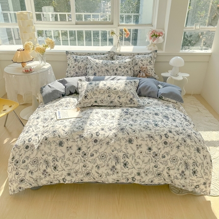 91家纺网 家纺一手货源 找家纺 法式印花四件套2025新款加厚轻奢时尚小清新北欧风床上用品学生宿舍三四件套 法式永墨花园