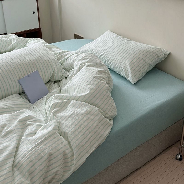 91家纺网 家纺一手货源 找家纺 水洗的故事 2025新款全棉色织水洗棉四件套 简序-蓝