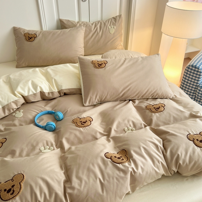 91家纺网 家纺一手货源 找家纺 锦觅2025新款奶油小清新毛巾绣全棉纯棉四件套（专版花型必须控价） 萌趣小熊