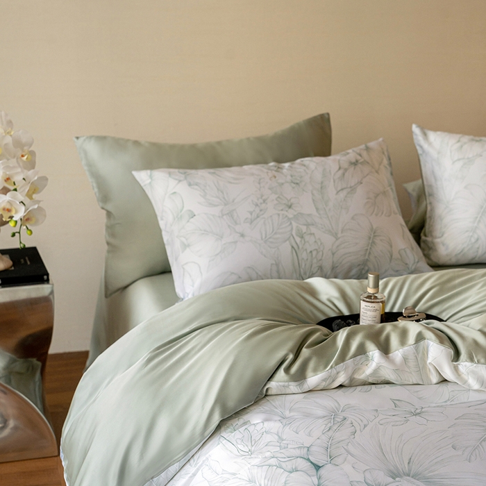 91家纺网 家纺一手货源 找家纺 咏绒家纺工厂店 2025新款60S奥地利兰精天丝数码印花暗合简约款系列四件套 叶影-绿