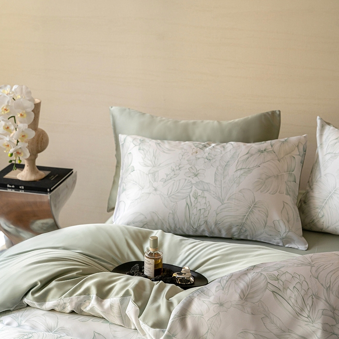 91家纺网 家纺一手货源 找家纺 咏绒家纺工厂店 2025新款60S奥地利兰精天丝数码印花暗合简约款系列四件套 叶影-绿