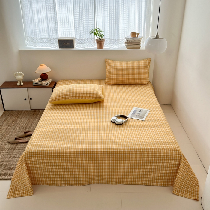 91家纺网 家纺一手货源 找家纺 2025新款水洗棉单床单 简约格黄