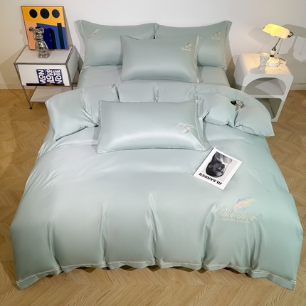 91家纺网 家纺一手货源 找家纺 （总）2025新款水洗冰丝刺绣四件套羽毛系列轻奢时尚北欧风床上用品学生宿舍三四件套